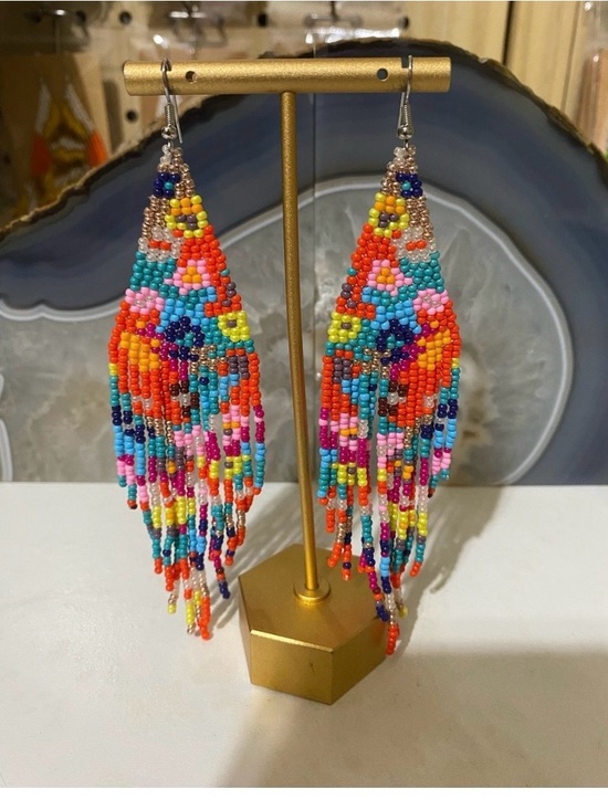 Handmade Jewelry - Boho Multicolor Seed Bead Fringe Earrings - Vibrant Statement Drop
